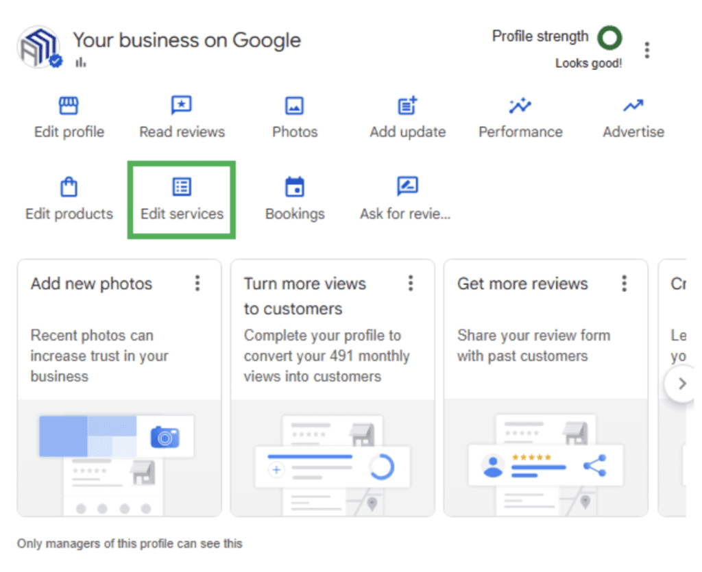 An example of where to edit services in GBP 